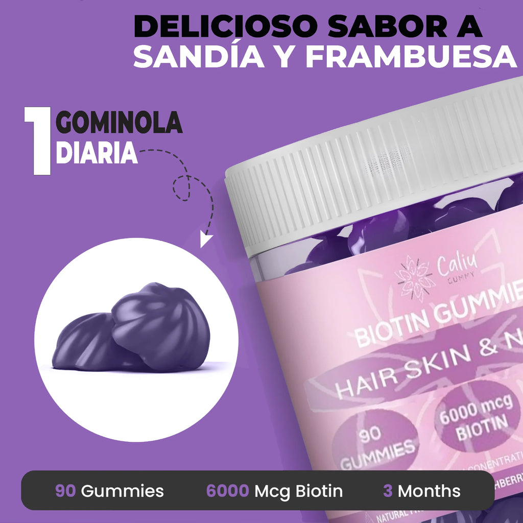 Gummies de Biotina 6000 mcg – 90 Gominolas para 3 Meses | Cabello, Piel y Uñas con Zinc, Ácido Fólico y Vitaminas | Sin Azúcar, Sabor Mora/Melón