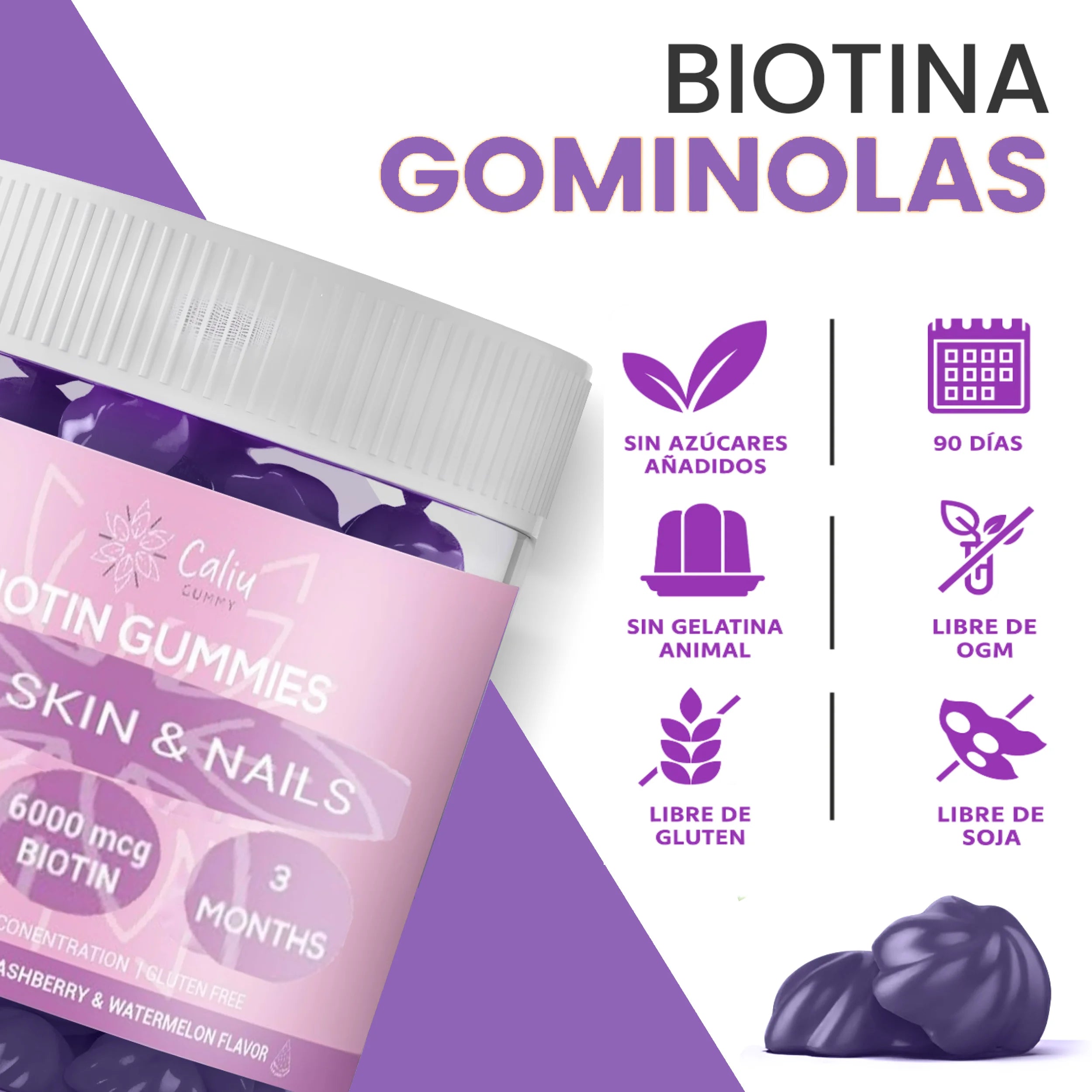 Gummies de Biotina 6000 mcg – 90 Gominolas para 3 Meses | Cabello, Piel y Uñas con Zinc, Ácido Fólico y Vitaminas | Sin Azúcar, Sabor Mora/Melón