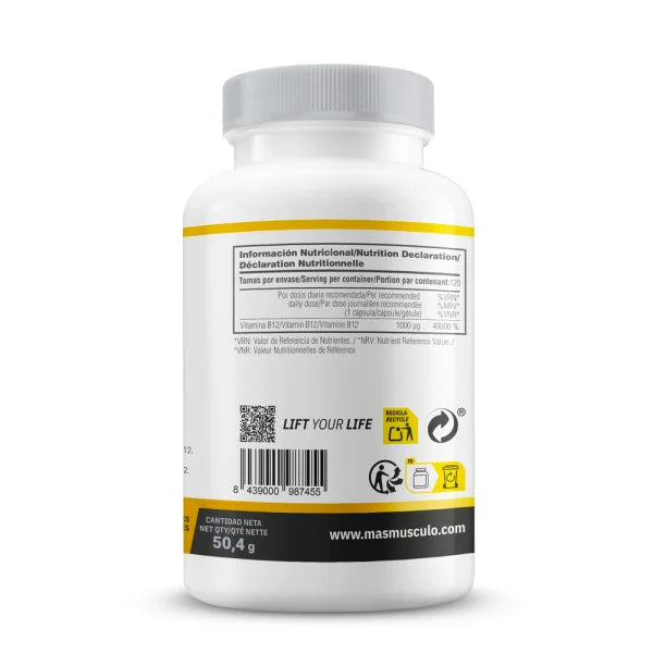 Vitamina B12 1000 mcg – 120 Cápsulas Vegetales | Energía, Sistema Nervioso e Inmunidad | MM Supplements