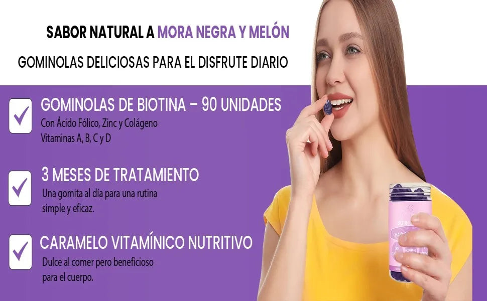 Gummies de Biotina 6000 mcg – 90 Gominolas para 3 Meses | Cabello, Piel y Uñas con Zinc, Ácido Fólico y Vitaminas | Sin Azúcar, Sabor Mora/Melón