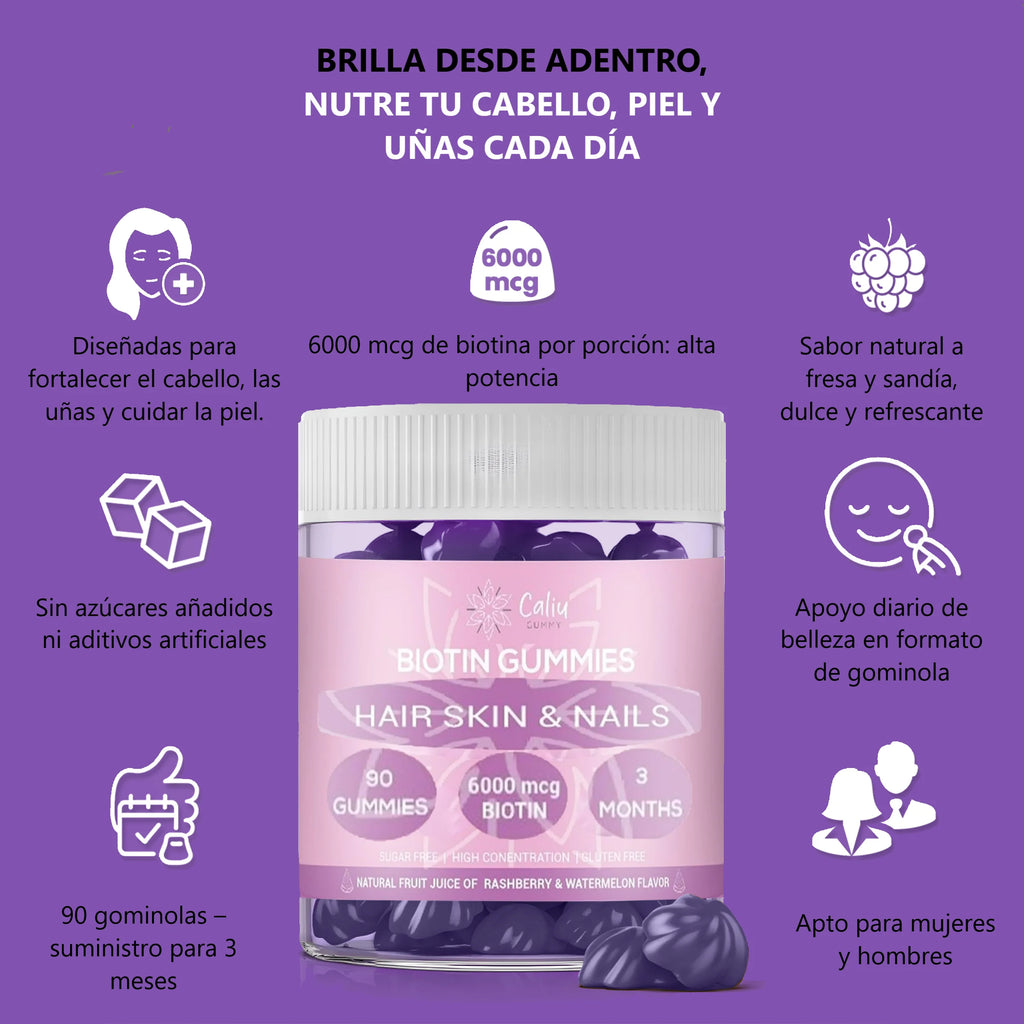 Gummies de Biotina 6000 mcg – 90 Gominolas para 3 Meses | Cabello, Piel y Uñas con Zinc, Ácido Fólico y Vitaminas | Sin Azúcar, Sabor Mora/Melón