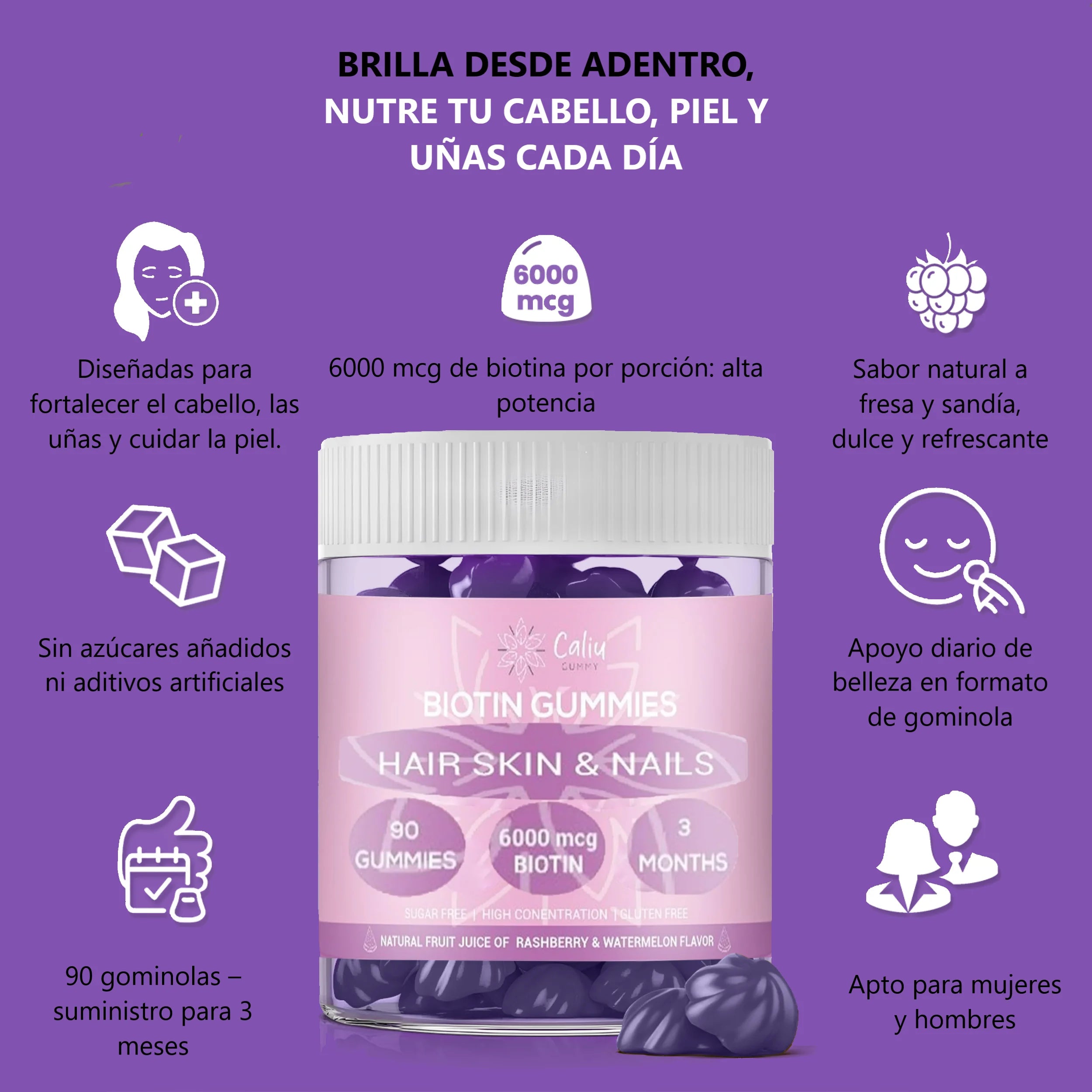 Gummies de Biotina 6000 mcg – 90 Gominolas para 3 Meses | Cabello, Piel y Uñas con Zinc, Ácido Fólico y Vitaminas | Sin Azúcar, Sabor Mora/Melón
