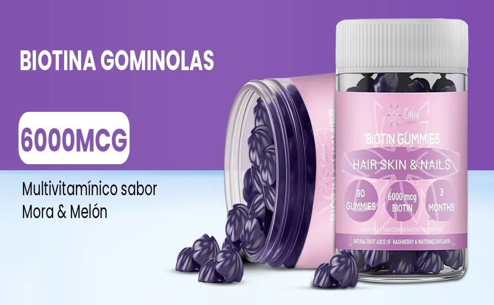 Gummies de Biotina 6000 mcg – 90 Gominolas para 3 Meses | Cabello, Piel y Uñas con Zinc, Ácido Fólico y Vitaminas | Sin Azúcar, Sabor Mora/Melón