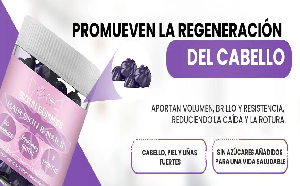 Gummies de Biotina 6000 mcg – 90 Gominolas para 3 Meses | Cabello, Piel y Uñas con Zinc, Ácido Fólico y Vitaminas | Sin Azúcar, Sabor Mora/Melón