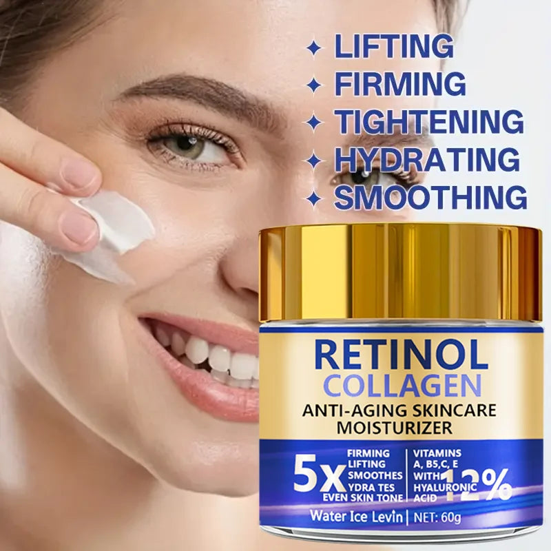 Crema Facial Retinol & Colágeno 60g – Antienvejecimiento con Ácido Hialurónico | Hidratante y Reafirmante (Especial patas de gallo)