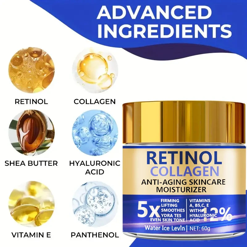Crema Facial Retinol & Colágeno 60g – Antienvejecimiento con Ácido Hialurónico | Hidratante y Reafirmante (Especial patas de gallo)